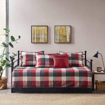 MISC Red 6 Piece Reversible Daybed Cover Set Plaid Microfiber Bedskirt Included