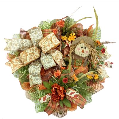 Artisan fall scarecrow wreath for front door or inside decorations. Wreath is very full, made with fall weatherproof fabric, burlap, autumn flowers, scarecrow & beautiful ribbon, measures 20x20x6