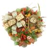 Artisan fall scarecrow wreath for front door or inside decorations. Wreath is very full, made with fall weatherproof fabric, burlap, autumn flowers, scarecrow & beautiful ribbon, measures 20x20x6 view 1