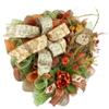 Artisan fall scarecrow wreath for front door or inside decorations. Wreath is very full, made with fall weatherproof fabric, burlap, autumn flowers, scarecrow & beautiful ribbon, measures 20x20x6 view 2