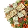 Artisan fall scarecrow wreath for front door or inside decorations. Wreath is very full, made with fall weatherproof fabric, burlap, autumn flowers, scarecrow & beautiful ribbon, measures 20x20x6 view 3
