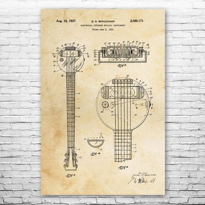 First Electric Guitar Poster Print, Frying Pan Guitar, Guitarist Gift, Recording Studio Art, Guitar Decor, Musician Gift Vintage Paper (24 inch x 36 inch)