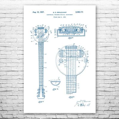 First Electric Guitar Poster Print, Frying Pan Guitar, Guitarist Gift, Recording Studio Art, Guitar Decor, Musician Gift Blue & White (24 inch x 36 inch)
