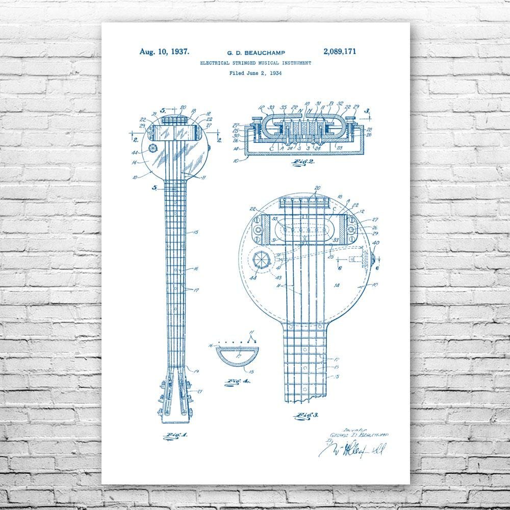 First Electric Guitar Poster Print, Frying Pan Guitar, Guitarist Gift, Recording Studio Art, Guitar Decor, Musician Gift Blue & White (24 inch x 36 inch)