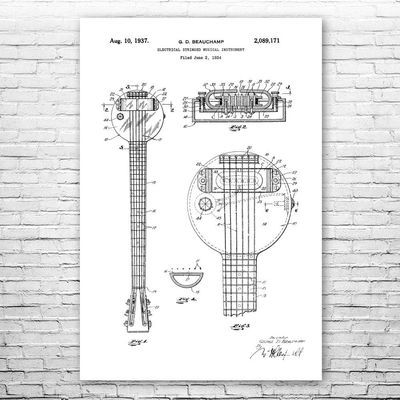 First Electric Guitar Poster Print, Frying Pan Guitar, Guitarist Gift, Recording Studio Art, Guitar Decor, Musician Gift Black & White (12 inch x 16 inch)
