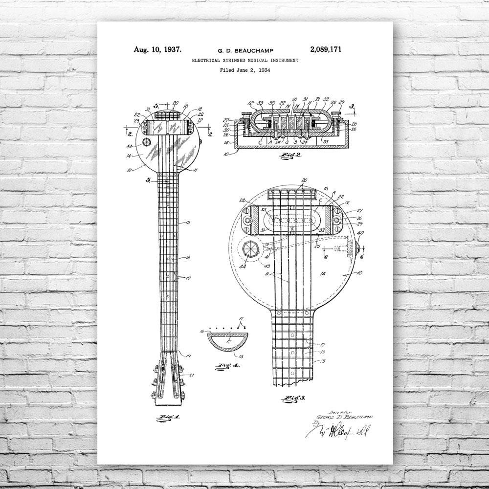 First Electric Guitar Poster Print, Frying Pan Guitar, Guitarist Gift, Recording Studio Art, Guitar Decor, Musician Gift Black & White (12 inch x 16 inch)