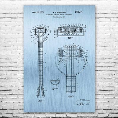 First Electric Guitar Poster Print, Frying Pan Guitar, Guitarist Gift, Recording Studio Art, Guitar Decor, Musician Gift Blue Steel (24 inch x 36 inch)