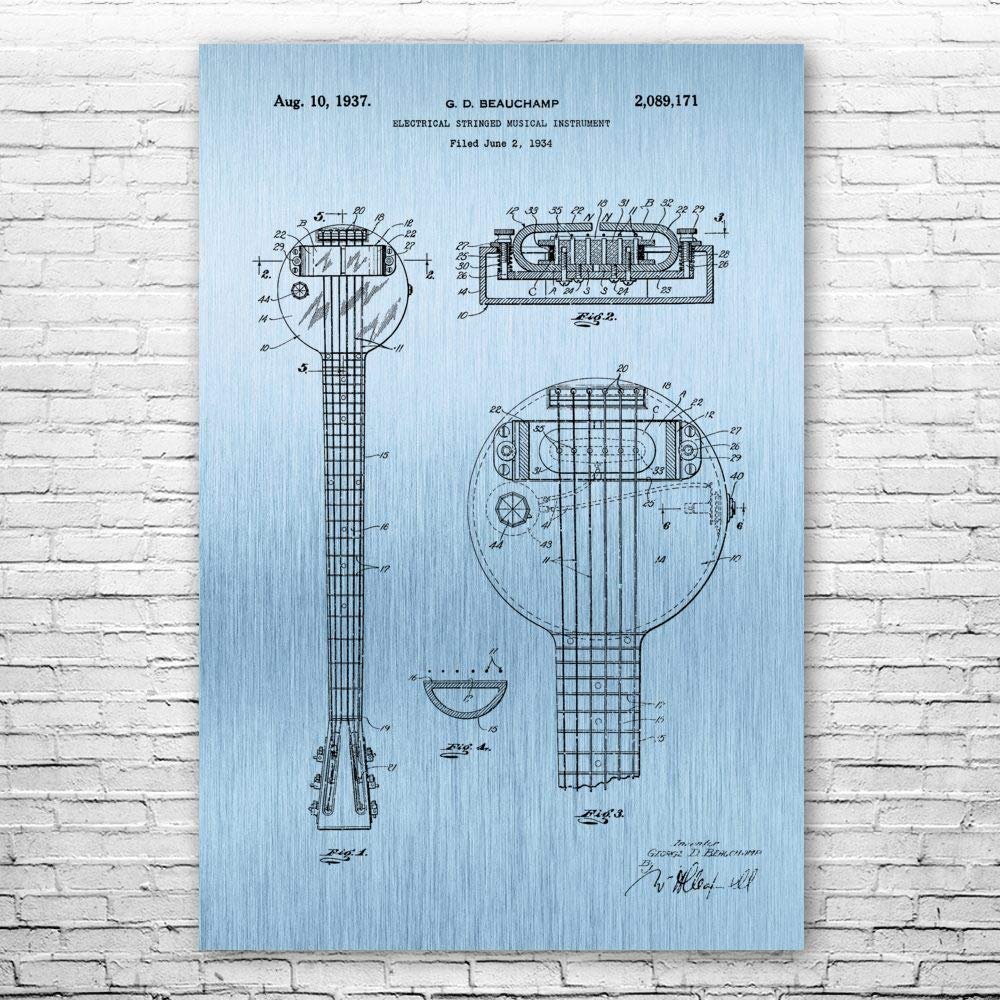First Electric Guitar Poster Print, Frying Pan Guitar, Guitarist Gift, Recording Studio Art, Guitar Decor, Musician Gift Blue Steel (24 inch x 36 inch)