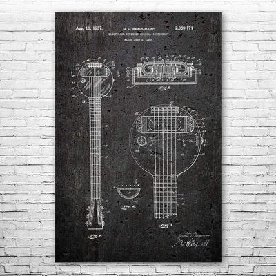 First Electric Guitar Poster Print, Frying Pan Guitar, Guitarist Gift, Recording Studio Art, Guitar Decor, Musician Gift Dark Concrete (24 inch x 36 inch)