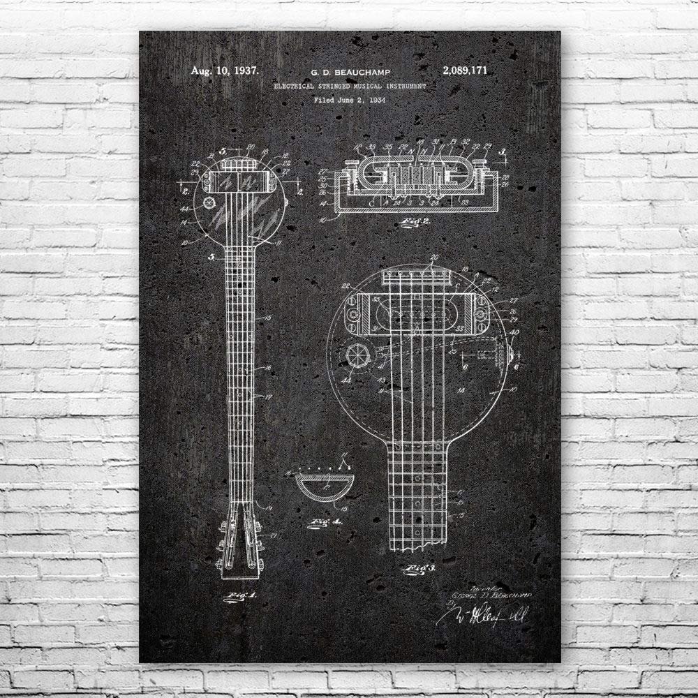 First Electric Guitar Poster Print, Frying Pan Guitar, Guitarist Gift, Recording Studio Art, Guitar Decor, Musician Gift Dark Concrete (24 inch x 36 inch)