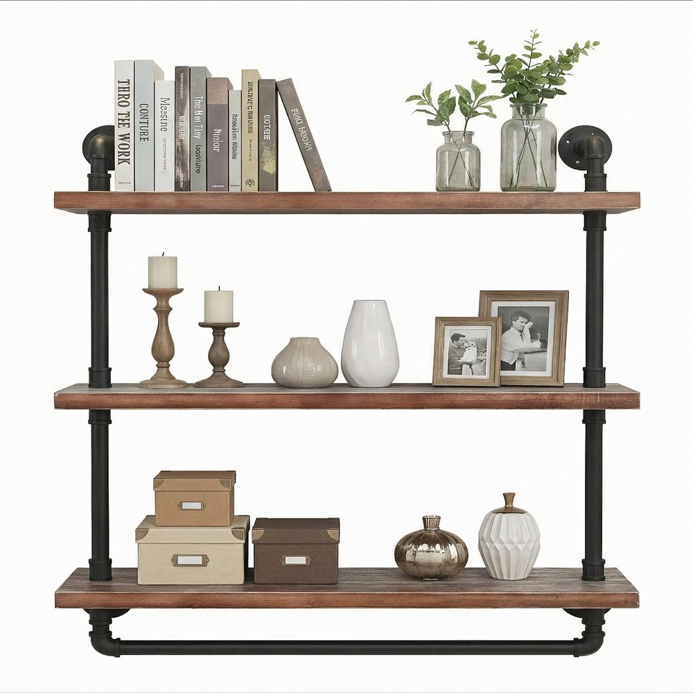 BIXIRAO Industrial Wall Mounted Iron Floating Pipe Shelves/Shelving/Racks/Storage/Bookcases/Brackets, DIY Open Bookshelves/Shelving for Kitchen/Office, Retro Black (3-Tier Floating Shelves)