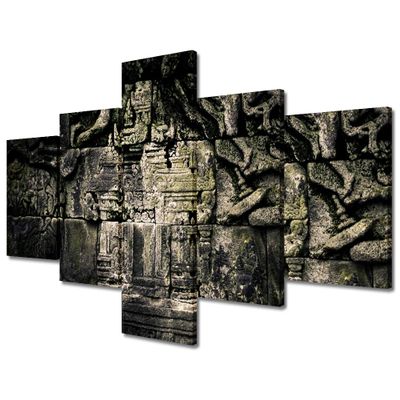 5 Panels Rustic Canvas Wall Art Chichen Itza Ruins PaintingMayan Calendar Carving Wall Pctures Vintage Grey Artwork for Living Room Contemporary House Decor Wooden Framed Ready to Hang(50"Wx24"H)