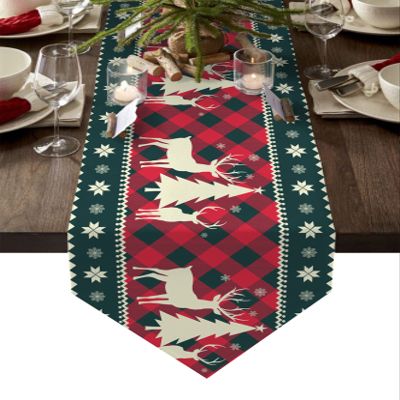 Christmas Tree Deer Elk Table Runners Extra Long 13X108 Inches, Buffalo Plaid Red Checkered Non-Slip Cotton Linen Rectangle Tablecloths Table Setting Decor for Wedding Party Holiday Dinner Home