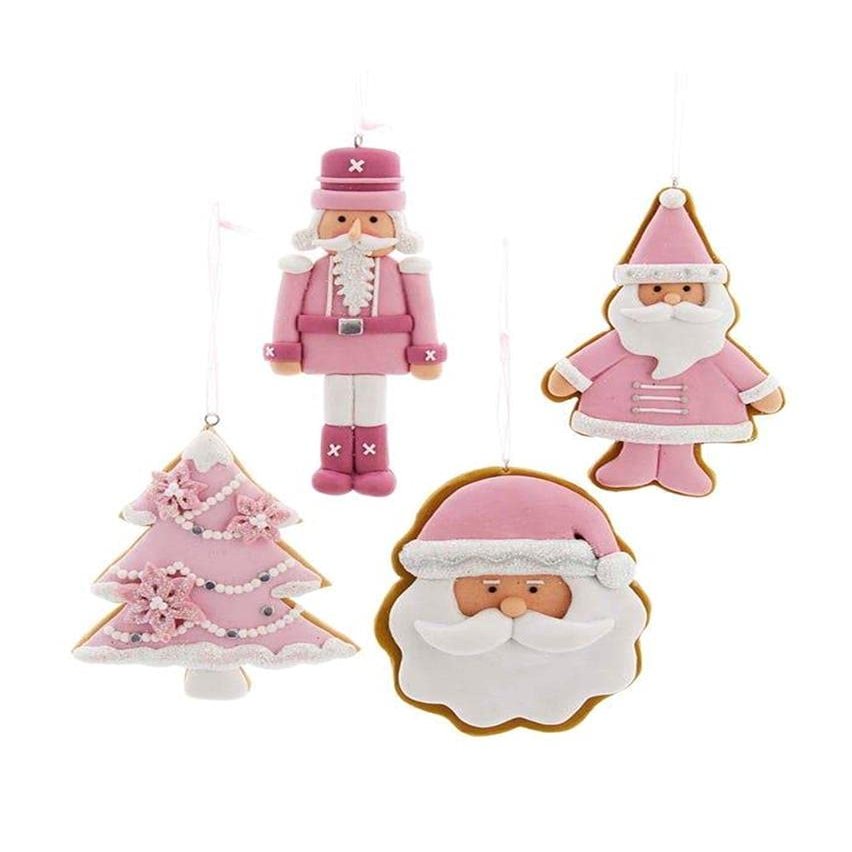 Kurt S. Adler 4.5" Set of 4 Pink and White Claydough Cookie Ornaments Santa, Nutcracker, Christmas Tree, Santa Head Design with Glitter Holiday Decoration T2876