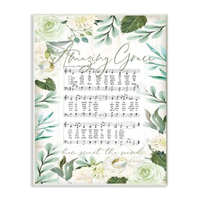 Stupell Industries Amazing Grace Sheet Music Green Floral Border Wood Art by Jennifer Pugh Wall Plaque, 13 x 19 (ac-133_wd_13x19)