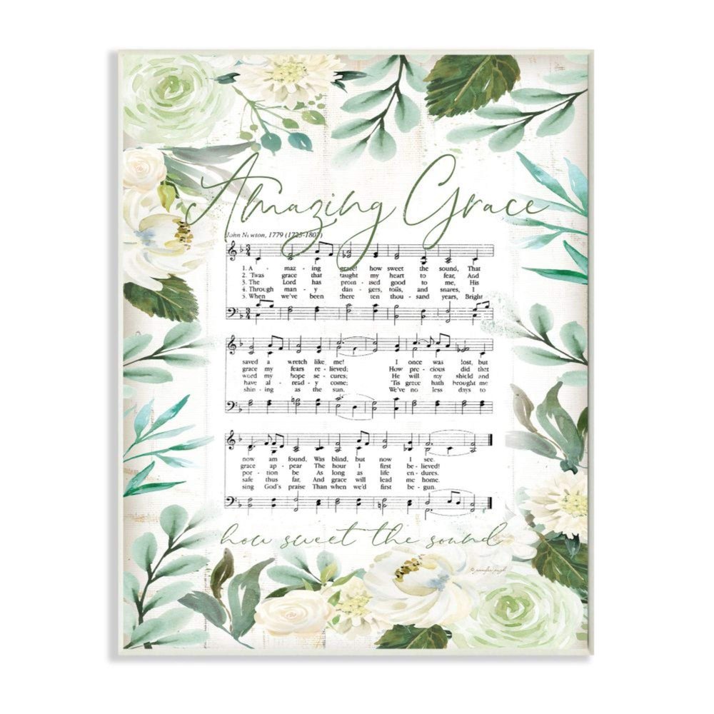 Stupell Industries Amazing Grace Sheet Music Green Floral Border Wood Art by Jennifer Pugh Wall Plaque, 13 x 19 (ac-133_wd_13x19)
