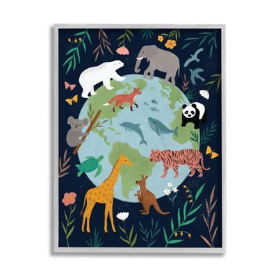 Stupell Industries Jungle Animals and Earth Nature Floral Border Nina Seven Grey Framed Wall Art, 16 x 20