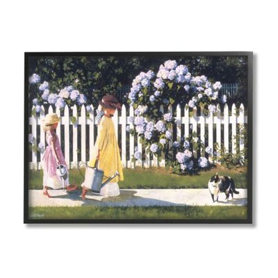 Stupell Industries Girls Gardening Neighborhood Sidewalk Picket Fence Heide Presse Black Framed Wall Art, 11 x 14