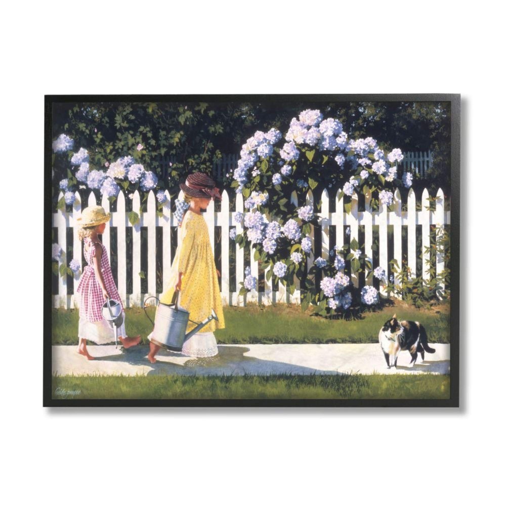 Stupell Industries Girls Gardening Neighborhood Sidewalk Picket Fence Heide Presse Black Framed Wall Art, 11 x 14