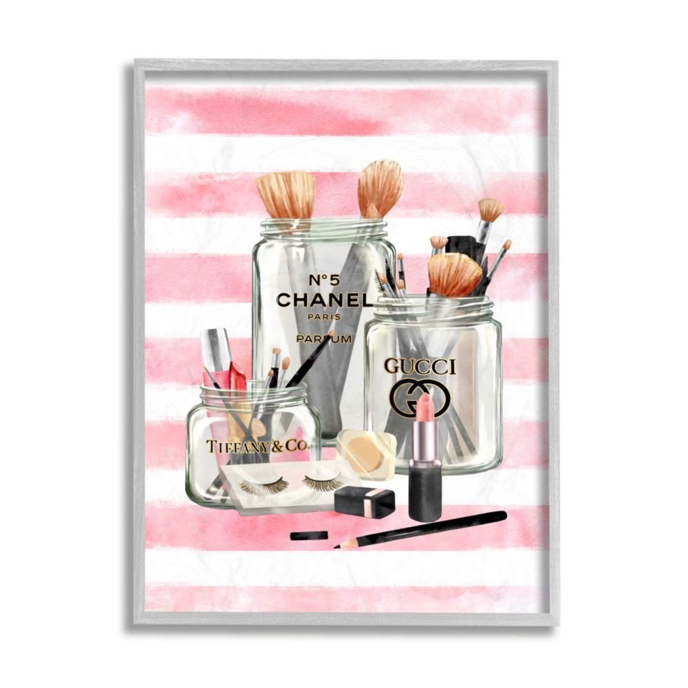 Stupell Industries Fashion Jars and Cosmetic Accessories Pink Stripes Ziwei Li Grey Framed Wall Art, 11 x 14