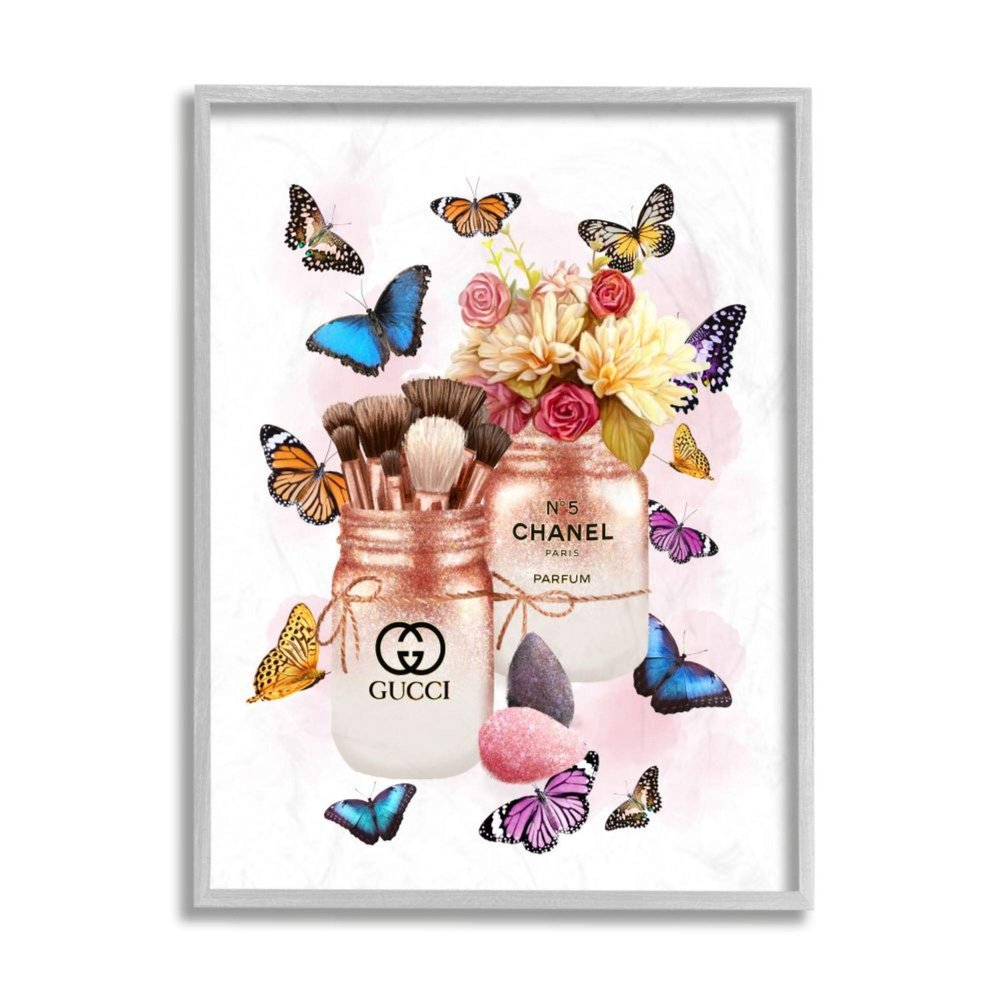 Stupell Industries Fashion Cosmetic Jars Vibrant Colorful Butterflies Ziwei Li Grey Framed Wall Art, 16 x 20
