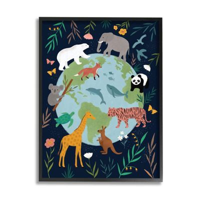 Stupell Industries Jungle Animals and Earth Nature Floral Border Nina Seven Black Framed Wall Art, 16 x 20