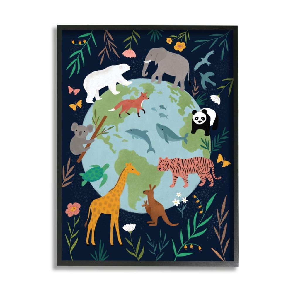 Stupell Industries Jungle Animals and Earth Nature Floral Border Nina Seven Black Framed Wall Art, 16 x 20