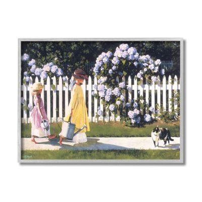 Stupell Industries Girls Gardening Neighborhood Sidewalk Picket Fence Heide Presse Grey Framed Wall Art, 16 x 20