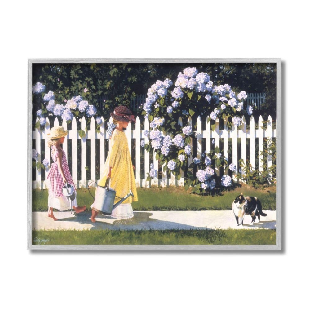 Stupell Industries Girls Gardening Neighborhood Sidewalk Picket Fence Heide Presse Grey Framed Wall Art, 16 x 20