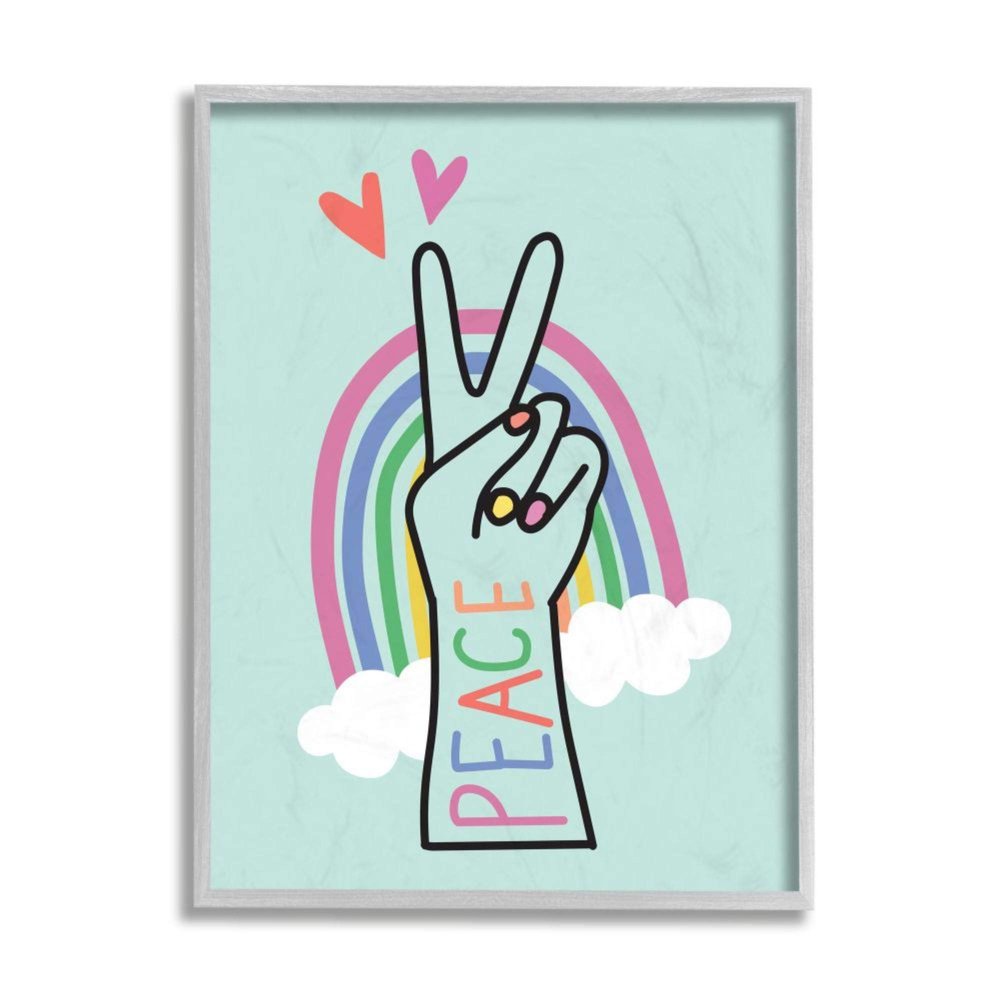 Stupell Industries Peace Love Rainbow Playful Turquoise Hand Sign