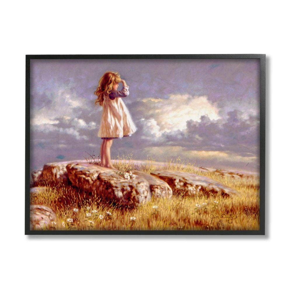 Stupell Industries Girl Gazing on Meadow Rock Sunset Clouds Jim Daly Black Framed Wall Art, 16 x 20