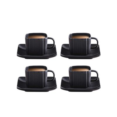 ABHOME Square Tea Cup Porcelain Coffee Cup with Saucer, 4oz Matte Black