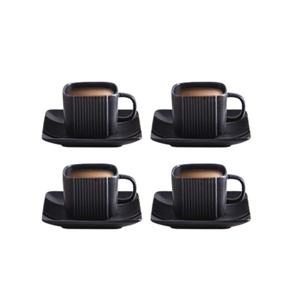 ABHOME Square Tea Cup Porcelain Coffee Cup with Saucer, 4oz Matte Black