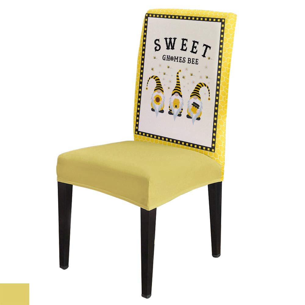4Pcs Dining Chair Covers Protector Stretch Removable Washable Seat Cushion Slipcover,Yellow Honeycomb Pattern Seat Cover Spandex for Dining Room Restaurant Hotel,Cute Gnomes and Bees