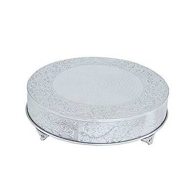 22-Inch wide Silver Round Embossed Cake Stand Riser - Wedding Birthday Dessert Display Pedestal Centerpiece Wholesale
