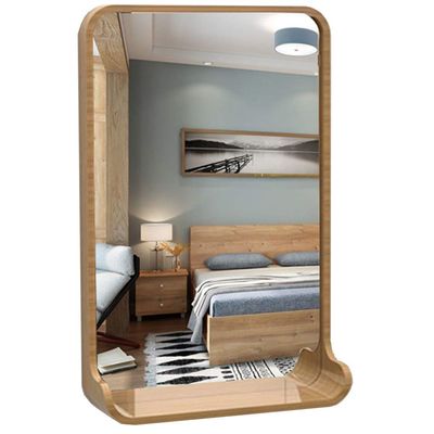 13.77''x21.65'' Modern Home Rectangular Wooden Mirror with Wide Bottom Storage-arc-Shaped Mirror Bathroom Wall Hanging Decoration Large Wooden Frame Mirror (Natural Wood/White)