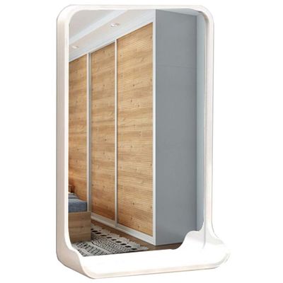 13.77''x21.65'' Modern Home Rectangular Wooden Mirror with Wide Bottom Storage-arc-Shaped Mirror Bathroom Wall Hanging Decoration Large Wooden Frame Mirror (Natural Wood/White)