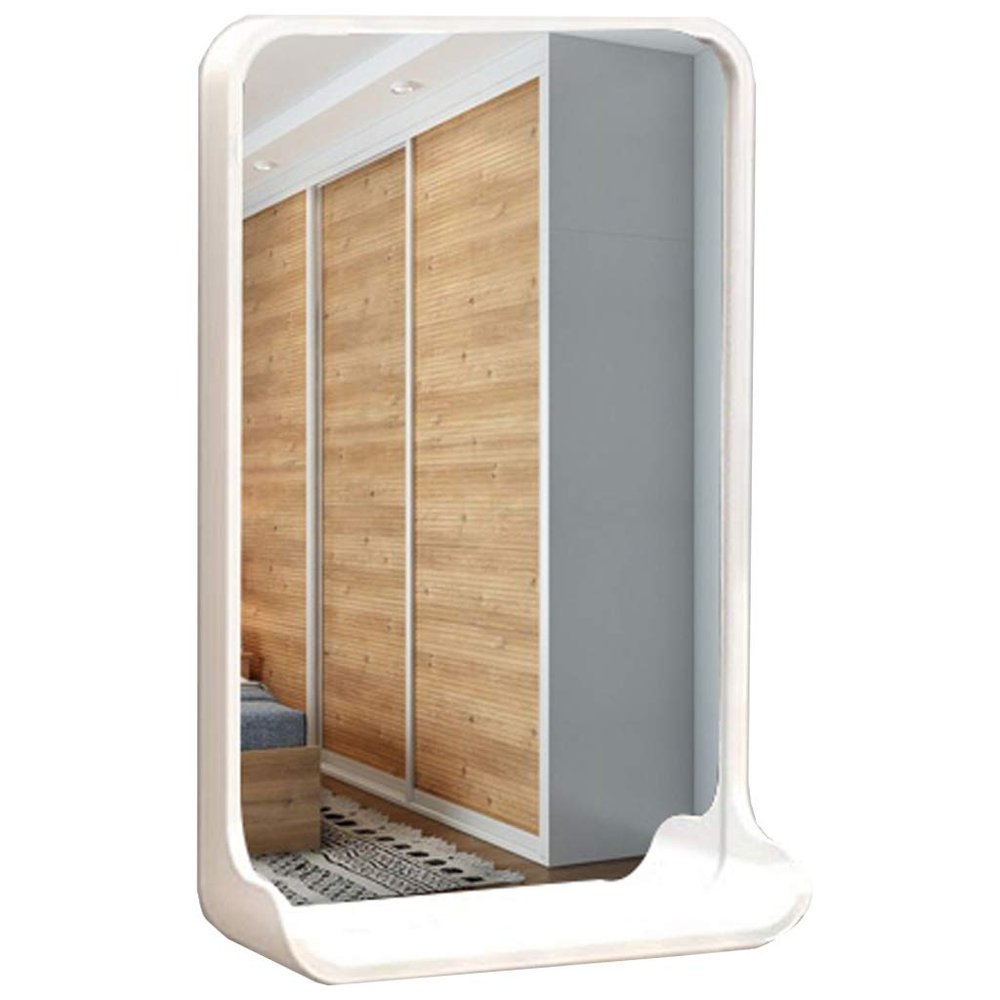 13.77''x21.65'' Modern Home Rectangular Wooden Mirror with Wide Bottom Storage-arc-Shaped Mirror Bathroom Wall Hanging Decoration Large Wooden Frame Mirror (Natural Wood/White)