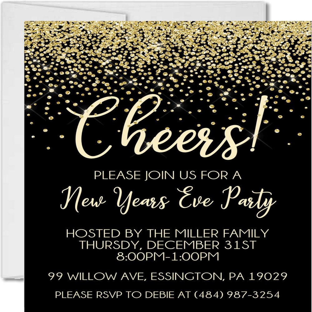 Gold And Black New Years Eve Invitations With Envelopes