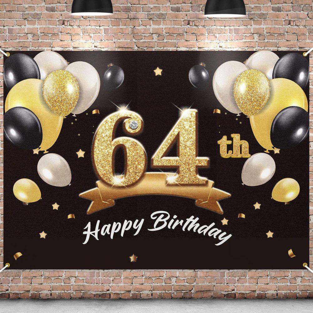 PAKBOOM Happy 64th Birthday Banner Backdrop - 64 Birthday Party Decorations Supplies for Men - Black Gold 4 x 6ft