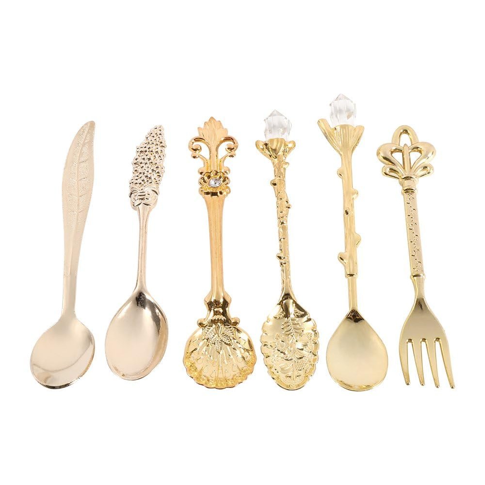 6Pcs Dessert Spoons Set, Vintage Spoons Metal Mini Fruit Coffee Spoons Teaspoon Milk Spoon and Forks Set Dessert Spoons Fruit Spoons Tableware Spoons for Kitchen Dining Cutlery Kitchen(Golden)