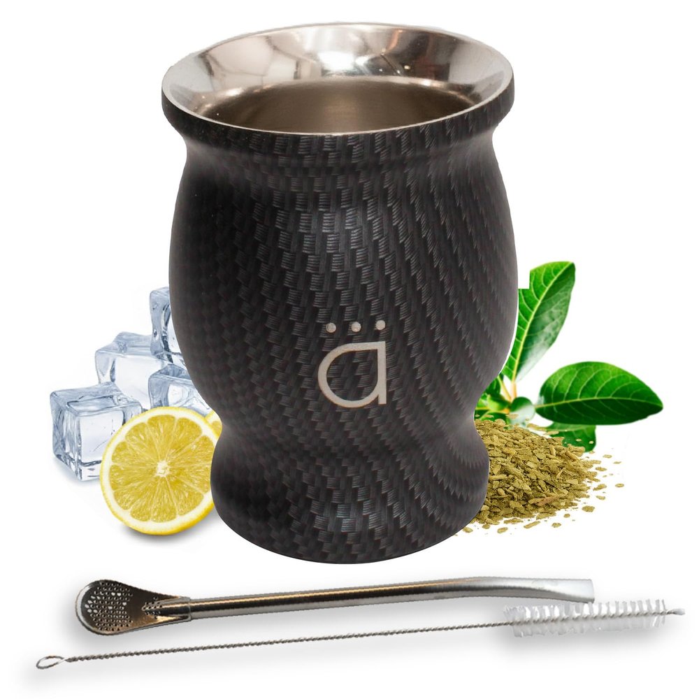 Kalmateh Yerba Mate Cup/Gourd 8.6oz, Stainless Steel Tea Cup, 3 Pcs Set Includes Bombilla Filter Straw & Cleaning Brush