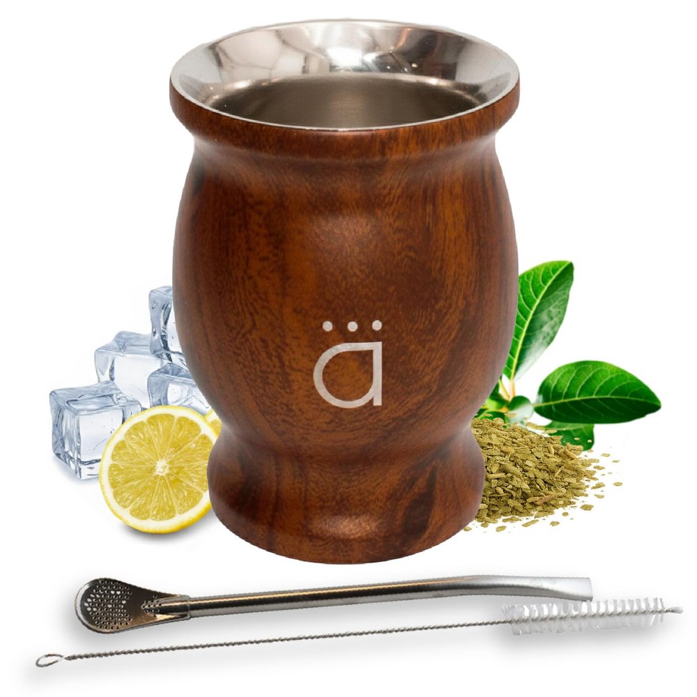 Kalmateh Traditional Yerba Mate Gourd 8.6 OZ, Modern Double Wall Stainless Steel Mate Cup with Bombilla, Filter Straw & Cleaning Brush, Design for Authentic Mate Experience - wood