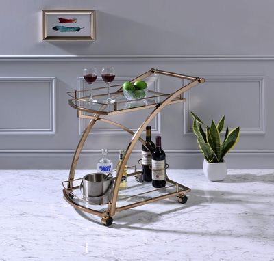 Kings Brand Furniture - Rolling Bar Serving Cart on Lockable Wheels with 2 Glass Shelves and Wine Rack Holders for Home Kitchen Dining and Living Room - Metal Gold