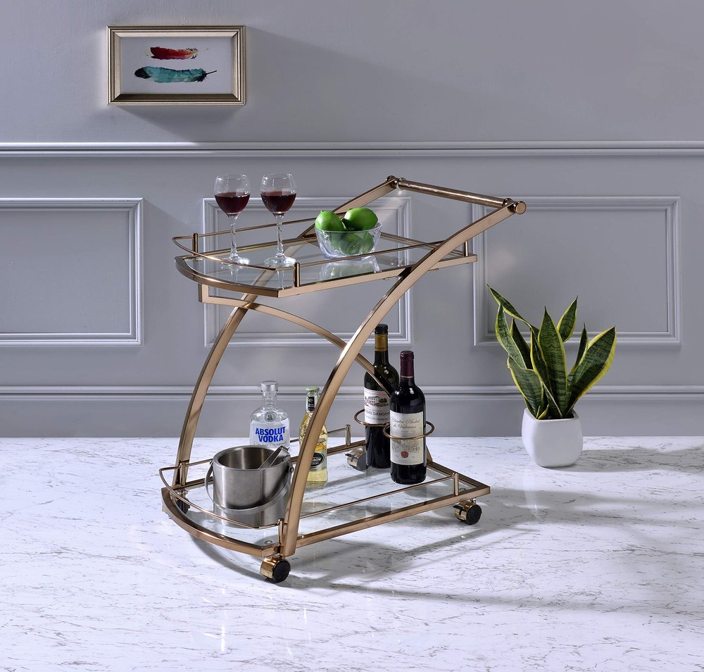 Kings Brand Furniture - Rolling Bar Serving Cart on Lockable Wheels with 2 Glass Shelves and Wine Rack Holders for Home Kitchen Dining and Living Room - Metal Gold