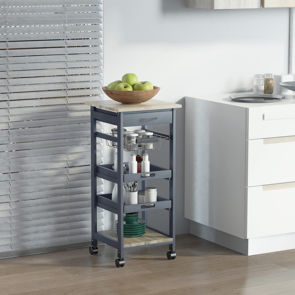 HOMCOM Mobile Kitchen Cart, Rolling Kitchen Island with Storage, Solid Wood Frame Utility Cart with Wire Fruit Baskets, Trays and Drawer, Gray