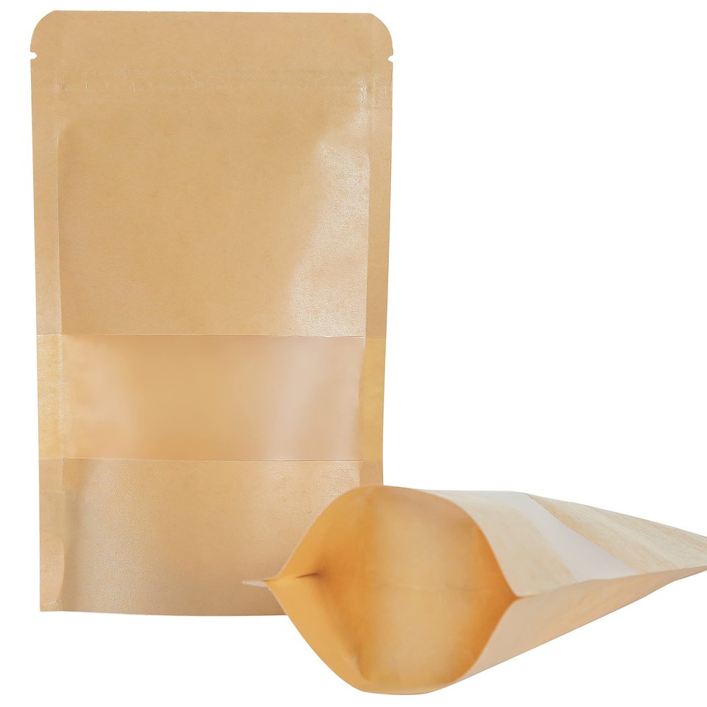 LZLPACKING Kraft Stand Up bags 100 Pcs,Brown Resealable Bags with Window for Home or Business,Coffee,Food Storage Bags,Sealable Bags for Packaging(3.95.9)