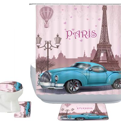 Amagical Vintage Paris Eiffel Tower Luxury Old Blue Car Pink Decor 4 Piece Bathroom Mat Set Shower Curtain Set Bath Mat Contour Mat Toilet Cover Waterproof Shower Curtain with 12 Hooks