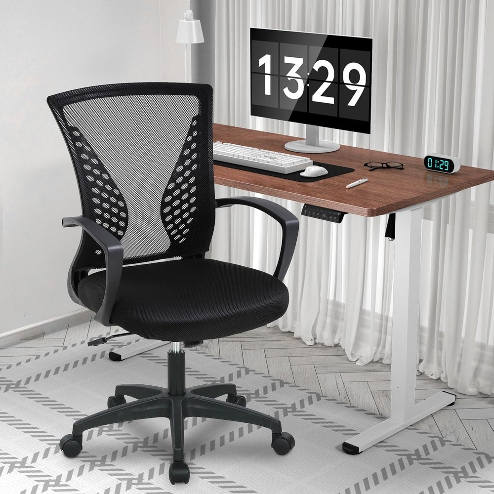 BestShop Ergonomic Office Chair Home Desk Chair Mid Back Mesh Chair Swivel Rolling Computer Chair Modern Task Chair Executive Chair with Armrests Lumbar Support for Women Men, Black