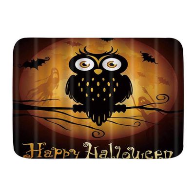Bath Mat Rug,Happy Halloween Owl and Moon Ghost Orange Background,Plush Bathroom Decor Mats with Non Slip Backing,31.5" X 19.5"